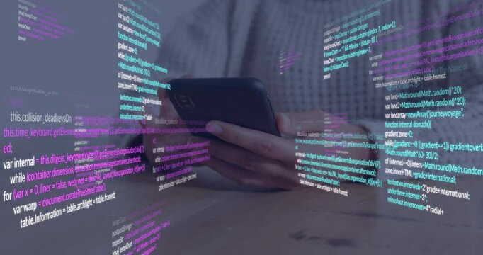 Using smartphone, person viewing colorful programming code with animation in school