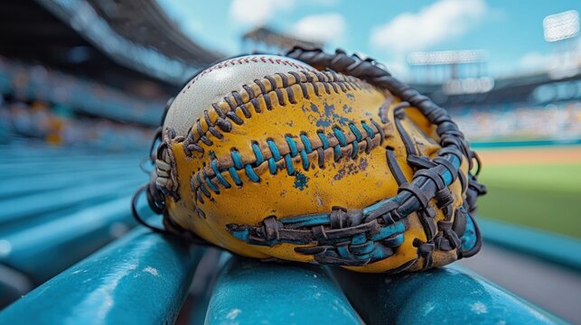 Close-up of a worn baseball glove resting on stadium bleachers during a sunny game day
