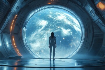 Astronaut Gazing at Earth from Spaceship Window
