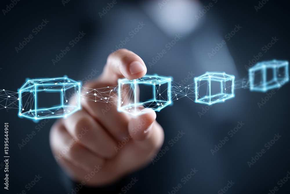 Poster accountant exploring blockchain technology - an accountant interacts with a blockchain, symbolizing 