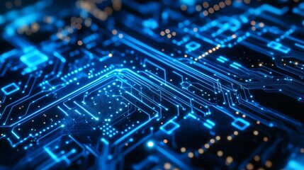 A close-up view of glowing blue circuit board pathways.
