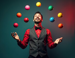 Happy Juggler Man in Red Shirt and Waistcoat Juggling Colorful Balls