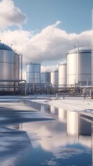Obraz premium A modern industrial scene featuring large storage tanks reflecting in a calm body of water under a clear sky.