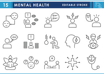 A set of line icons related to Mental Health. Mind, brain, illness, trauma, hearing sound, fear, and so on. Vector editable stroke.