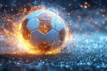 Fototapeta premium A flaming soccer ball ignites the field during an intense match in an electrifying atmosphere