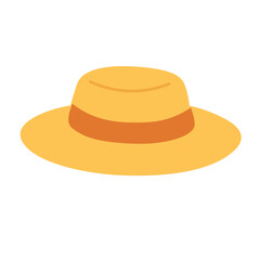 Flat straw hat with orange ribbon and wide brim. Cute summer doodle for picnic and fashion.