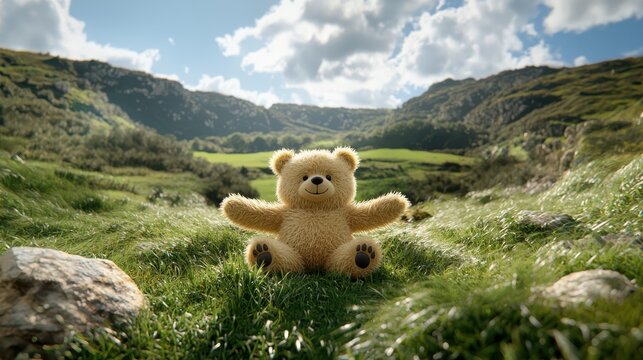 Cartoon bear practicing yoga in serene nature landscape gigapixel quality peaceful environment
