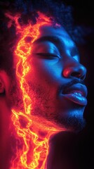 Fototapeta premium A man's face, neck, and head, lit by vibrant flames of orange and blue