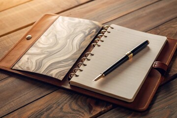 Artistic ink flowing from pen onto open leatherbound notebook on wooden table in studio setting abstract design creative concept