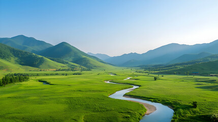 Panoramic View Of Lush Valley With Winding River And Mountains