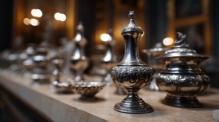 Antique Silverware and Statues Museum Display - Elegant antique silver pieces, ornate details, museum setting, heritage, history. Symbolizing wealth, craftsmanship, artistry, history, and legacy