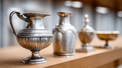 Antique Silverware Collection - Close-up of elegant antique silver pieces, including a pitcher, vase, and bowl, displayed on a wooden shelf