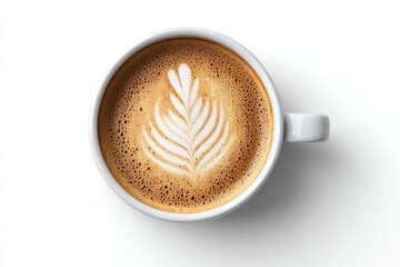 Aromatic Coffee Latte Art - Overhead shot of a coffee cup with latte art, showcasing a leaf design. Perfect for menus, blogs, or websites related to coffee