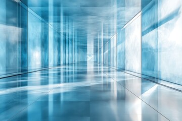 A modern corridor with reflective surfaces and cool blue lighting in an abstract architectural space