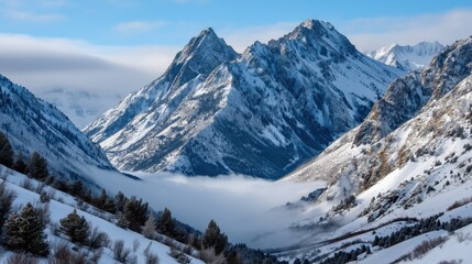Fototapeta premium Towering snowy peaks pierce through a sea of clouds, creating a breathtaking winter scene from above the valley.