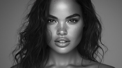Fototapeta premium Close up portrait of young woman with freckles and dark hair gazing directly camera in black and white