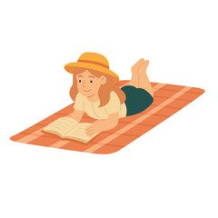 Cute flat illustration of girl reading book on picnic blanket. Summer outdoor leisure scene.
