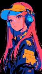 Neon City Pop Girl, vibrant anime character with glowing triangle earrings, holographic visor sunglasses, and a futuristic walkman, bold outlines, solid colors, geometric style.