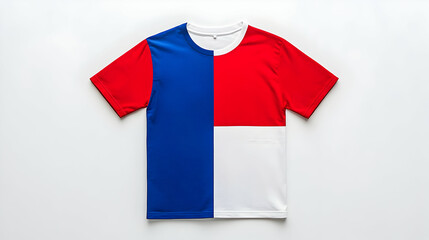 Colorful athletic t-shirt featuring a bold red, white, and blue design on a plain background