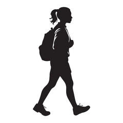 Silhouette of Girl Walking with Backpack, Casual Outdoor Travel Illustration