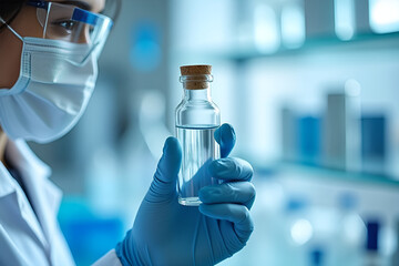 Fototapeta premium Close-up of a gloved hand holding a clear glass vial in a bright scientific laboratory, soft focus on the background with lab equipment subtly visible, clean and sterile environment, symbolizing resea