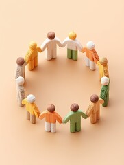 Inclusive leadership and DEI culture visuals, A circle of diverse wooden figures symbolizing unity and togetherness. Neuro diversity inclusion, authentic leadership visuals