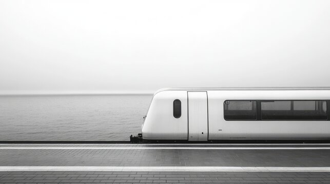 A modern train sits at a station platform next to the sea