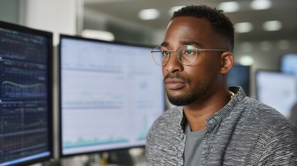 Focused african male analyst working on financial data in modern office.