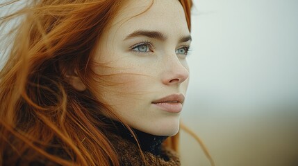 Redhead woman gazing, windswept hair, outdoor landscape, pensive mood, portrait photography