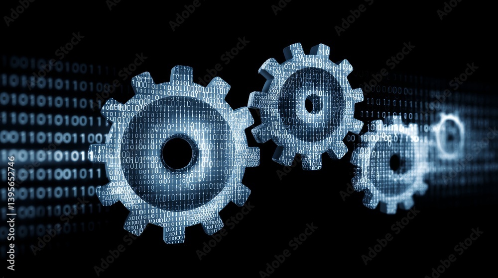Poster binary gears: interconnectivity - abstract symbolizing technology, innovation, collaboration, system
