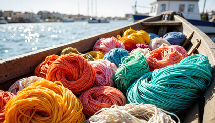 Colorful Fishing Lines in a Rustic Boat at Serene Harbor for Fishing Blogs, Water Sports Websites, Outdoor Activities, and Crafting Projects