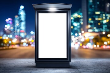 Blank Billboard City Night - Illuminated blank billboard in city at night, perfect for advertisement mockups
