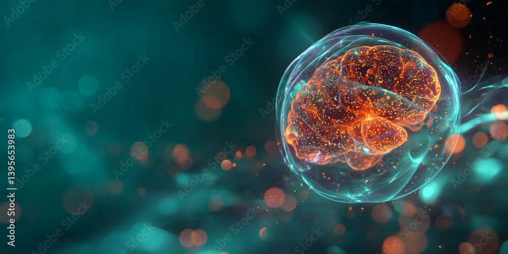 Poster Abstract image of glowing orange cell inside a translucent sphere, teal background with bokeh effect, suggesting scientific research, innovation, or cellular biology