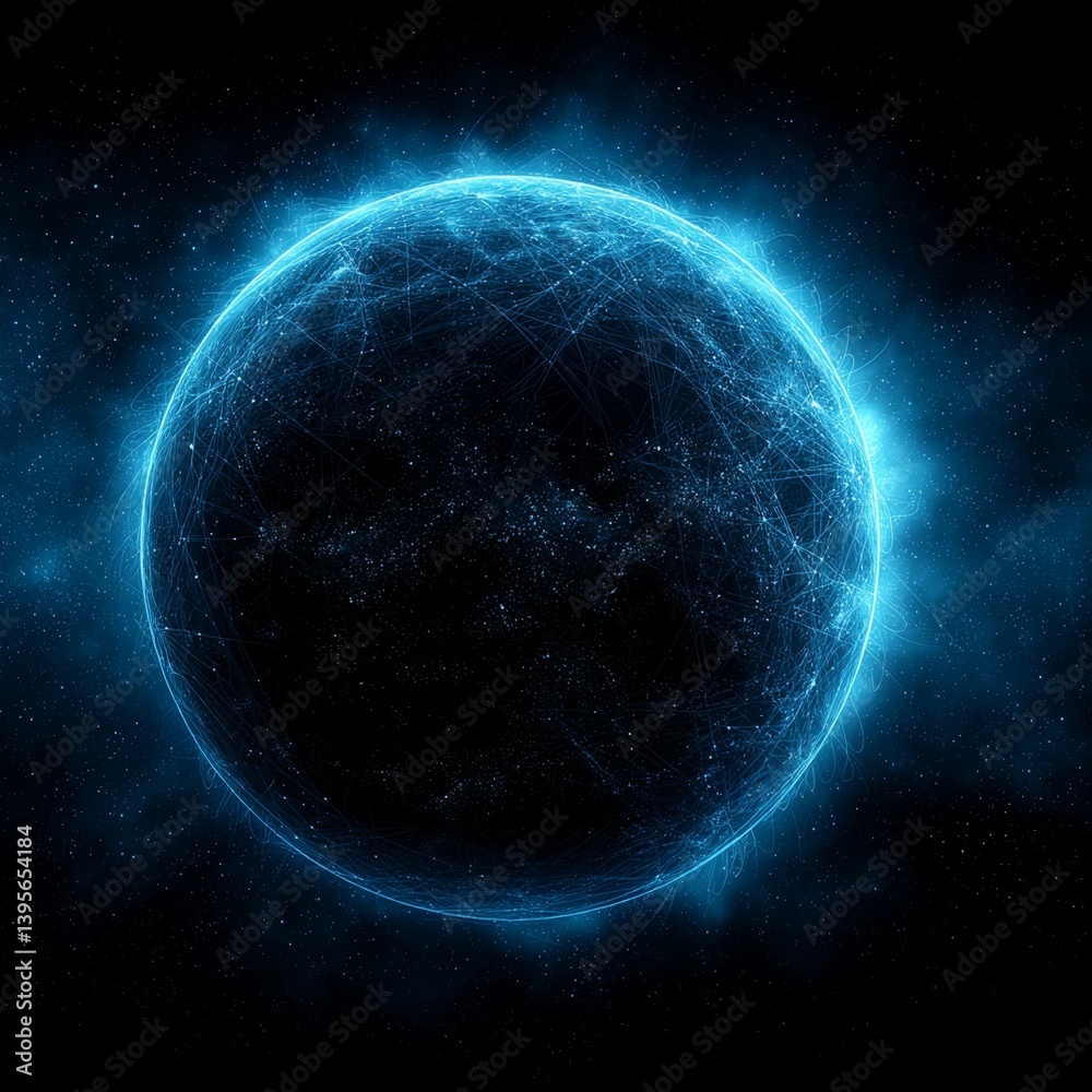 Wall mural a blue sphere in the middle of a dark space, surrounded by a network of lines and dots