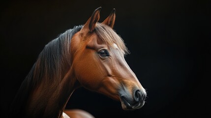 Fototapeta premium Chestnut horse portrait, dark background, equine elegance, website banner