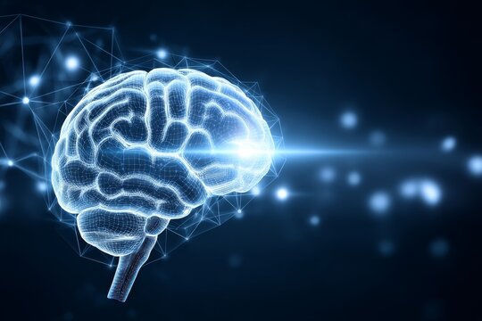 Brain Network - A wireframe model of a human brain, illuminated, set against a dark blue background with glowing particles