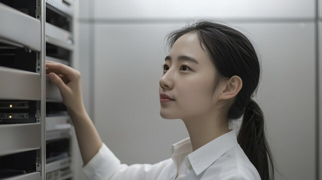 Server room technician woman in white shirt working with data servers configuring maintaining equipment