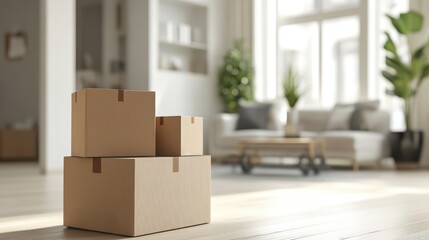 Moving Boxes Stacked in an Empty Living Room with Soft Light
