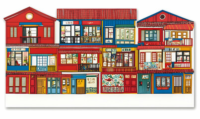 Colorful illustration of traditional Asian buildings showcasing vibrant architecture and lively street life