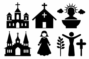christian icon set sihouette black vector