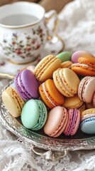 Fototapeta premium Colorful macarons piled on a silver plate with a teacup in background.