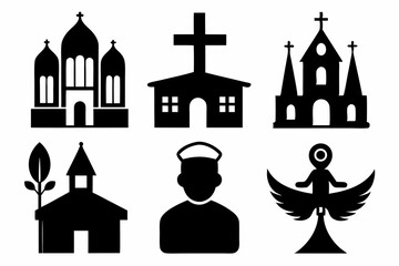 christian icon set sihouette black vector