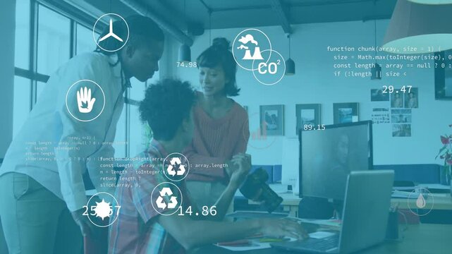 Discussing environmental data, diverse team in office with sustainability animation icons