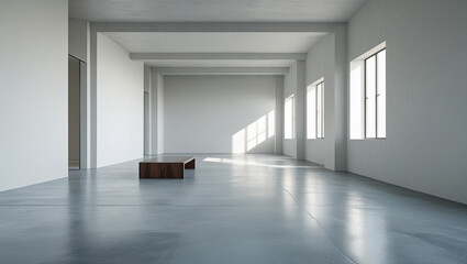 Obraz premium A solitary dark wood bench sits serenely in a vast, sunlit minimalist gallery space with polished concrete floors and tall windows.