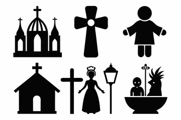 christian icon set sihouette black vector