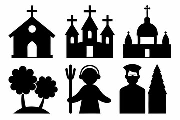 christian icon set sihouette black vector