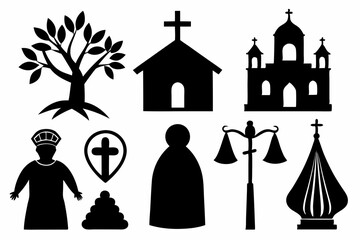 christian icon set sihouette black vector