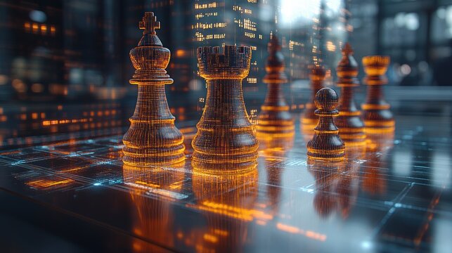 Chess pieces on futuristic board, city backdrop, strategy