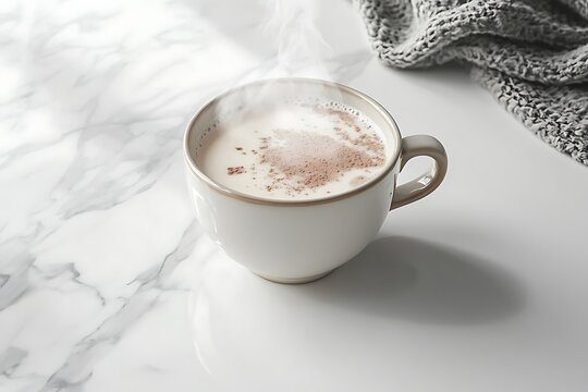 A pure and clean image of a cup of steaming milk, a dusting of cocoa on top, placed on a white marble countertop.