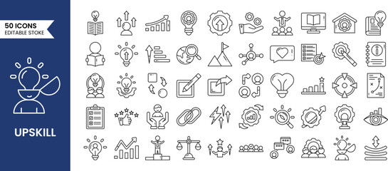 Upskill icons set in line style. Contains icons related to Upskill, upskilling, personal growth, development, target, career, and more. Vector illustration